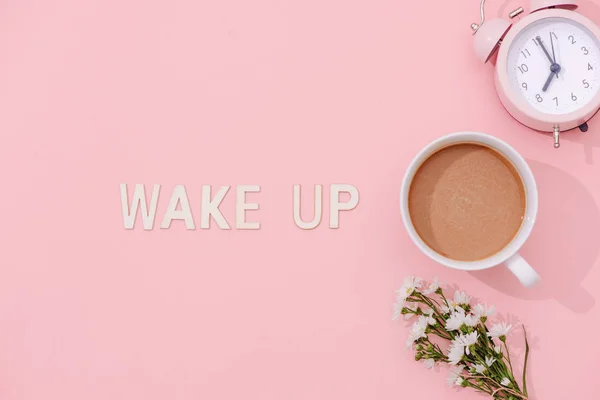 Wake Text Coffee Light Pink Retro Alarm Clock Shadow Pink — Stock Photo, Image
