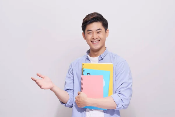 Confident Asian Handsome Student Holding Books Gesture Hand — Stock Photo, Image