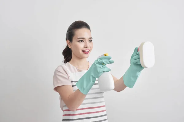 Beautiful Cheerful Woman Holding Different Cleaning Stuff — Stock Photo, Image