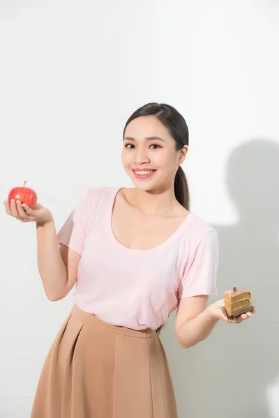 Fiatal Gyönyörű Lány Apple Torta Kezében Egy Fehér Háttér Egészséges — Stock Fotó