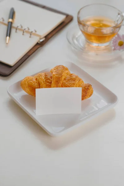 Morning Breakfast Living Room French Croissant Teacup Pen Notes Book — Stock Photo, Image