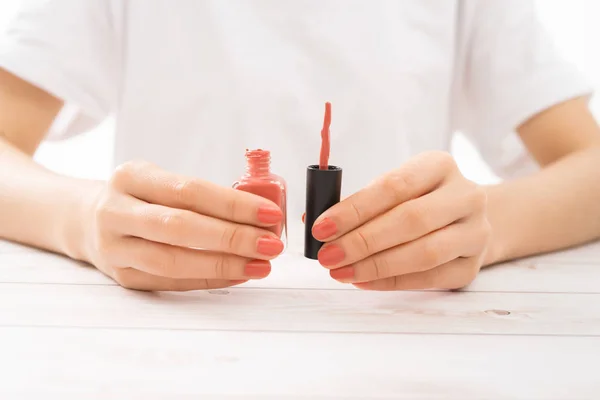 Female Hands Red Manicure Open Bottle Varnish Table — Stock Photo, Image