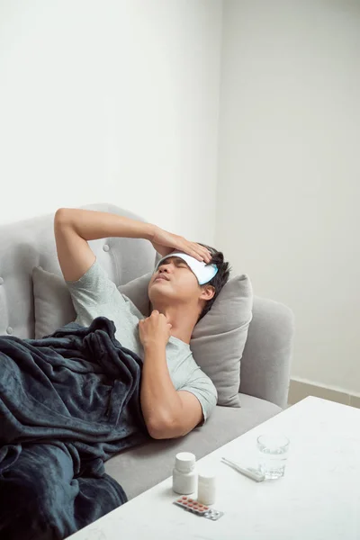 Sick Wasted Man Lying Sofa Suffering Cold Winter Flu Virus — Stock Photo, Image