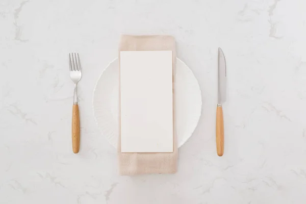 White Plate Fork Knife Table Top View — Stock Photo, Image