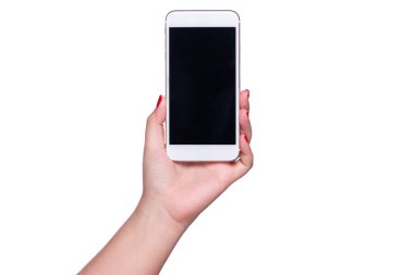  modern smartphone beyaz zemin üzerine izole tutan el yakın çekim  