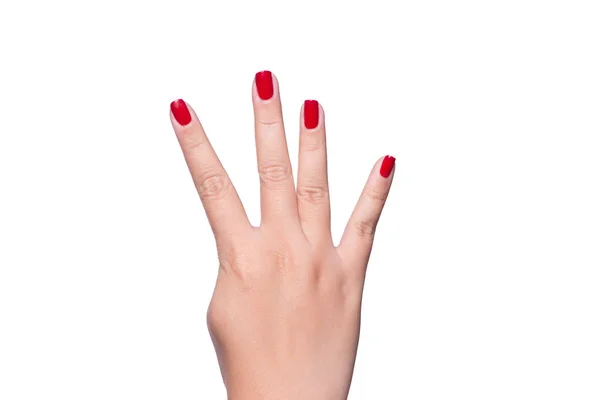 Female Hand Showing Gesture Four Fingers Isolated White Background Close — Stock Photo, Image