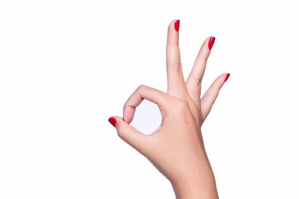 Mano Femenina Mostrando Gesto Con Signo Aislado Sobre Fondo Blanco — Foto de Stock