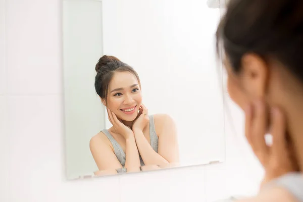 Beautiful Woman Touching Face Hands Bathroom — Stock Photo, Image