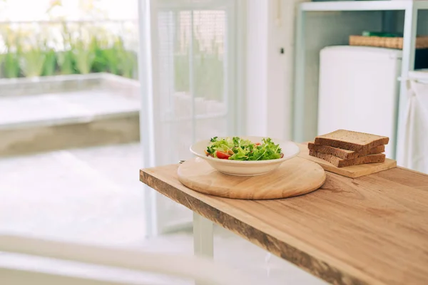 Fresh Caesar Salad White Plate Wooden Planks — Stock Photo, Image