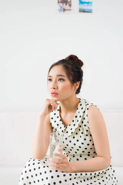 Upset Vietnamese Woman Sitting Couch Home — Stock Photo, Image