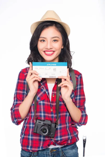 Joven Hermosa Mujer Asiática Sosteniendo Pasaporte Billete Avión Pie Sobre —  Fotos de Stock