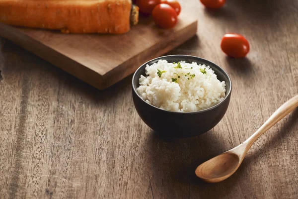 Boiled Rice Bowl Ingredients Vegetarian Recipe Wooden Table — Stock Photo, Image