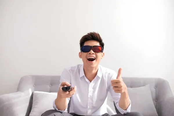 Handsome Man Glasses Sitting Sofa Watching — Stock Photo, Image