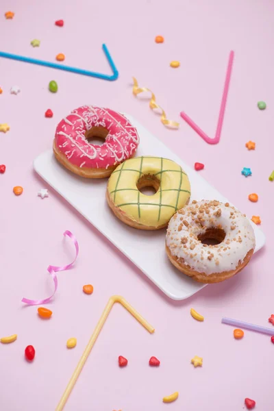 Bright Birthday Background Doughnuts Decorations — Stock Photo, Image