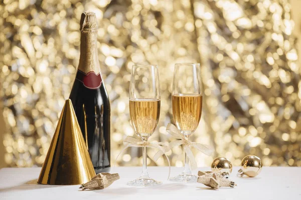 Sparkling New Year Background Champagne Glasses Bottle — Stock Photo, Image