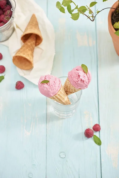 Homemade Raspberry Ice Cream Waffle Cones Rustic Wooden Background — Stock Photo, Image