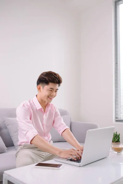 Bonito Asiático Empresário Sorrindo Trabalhando Com Laptop Sofá — Fotografia de Stock