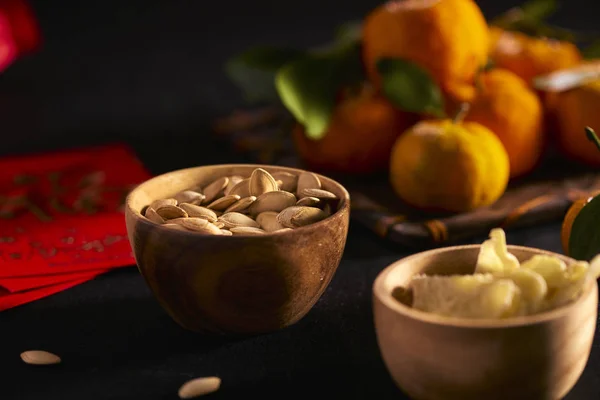 Dried Ginger Sugar Pumpkin Seeds Bowls Traditional Lunar New Year — Stock Photo, Image