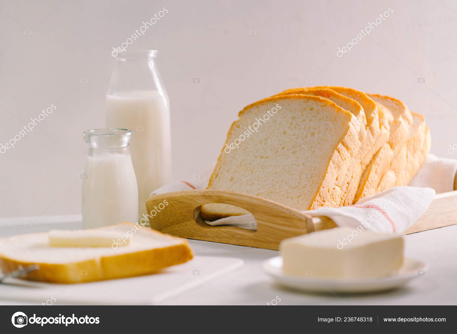 Sliced Bread Bake Butter Bottles Milk Wooden Tray Stock Photo by