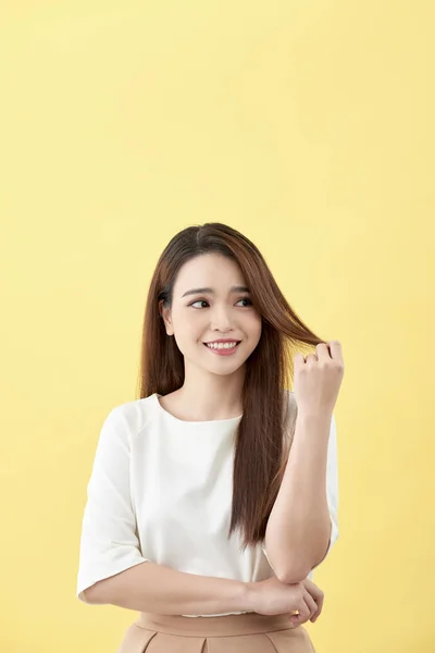 Asian Woman Smiling Dimple Long Hair Black Eyes Yellow Background — Stock Photo, Image