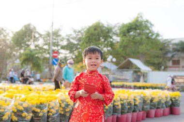 Geleneksel festival kostüm Asyalı bir çocuk portresi. Ao dai elbise gülümseyen içinde küçük Vietnamlı yakışıklı. Tet Bayramı tatil. Ay yeni yıl Vietnam