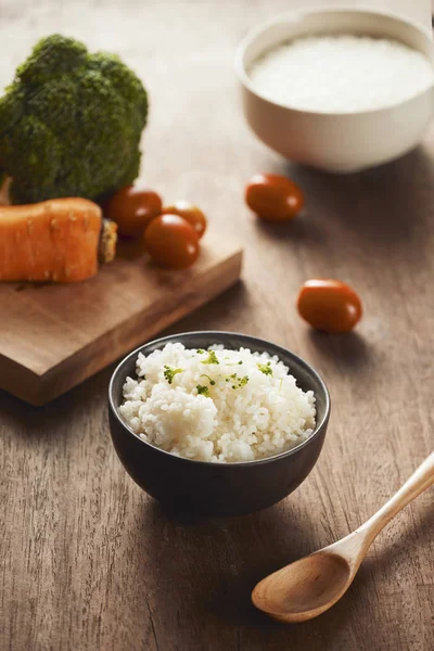 Grains Rice Wooden Bowl Ingredients Vegetarian Recipe Healthy Eating Concept — Stock Photo, Image