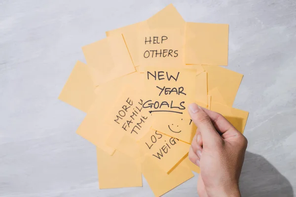 new year goals or resolutions - yellow sticky notes with coffee on table