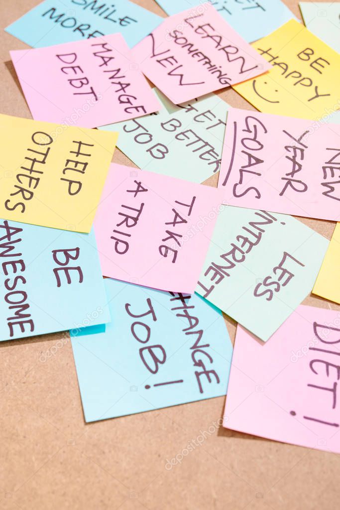 Office desk covered by post it papers with different notes