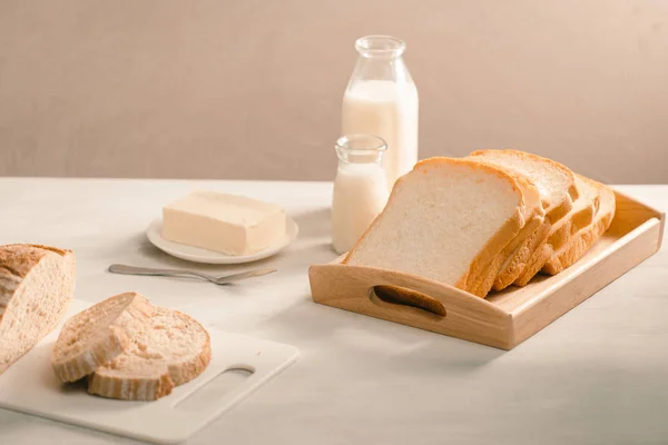 Bread Plate Holder Surrounded Butter Milk White Table Close — Stock Photo, Image