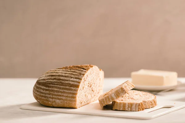 Bread Plate Holder Surrounded Butter Milk White Table Close — Stock Photo, Image