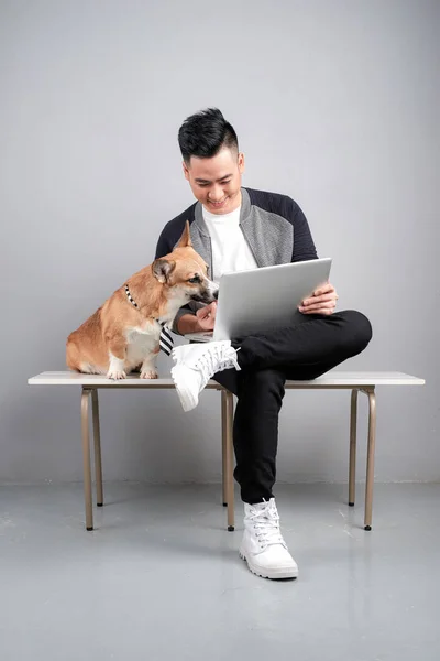 ハンサムな青年実業家が椅子の上の彼の犬と一緒に座っている間ノート パソコンを使用してください — ストック写真