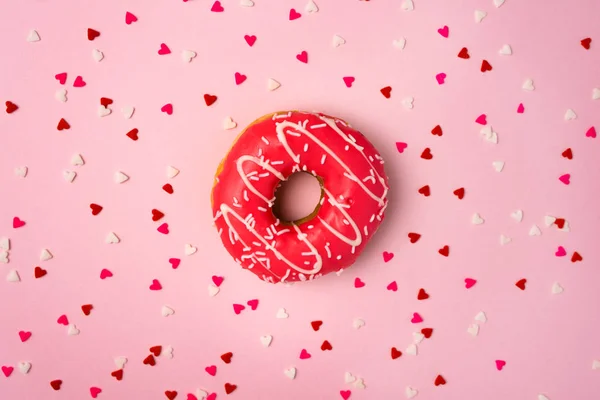Donuts Con Glaseado Sobre Fondo Rosa Pastel Con Copyspace Rosquillas — Foto de Stock