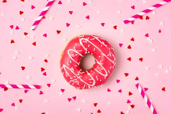 Donuts Con Glaseado Sobre Fondo Rosa Pastel Con Copyspace Rosquillas — Foto de Stock