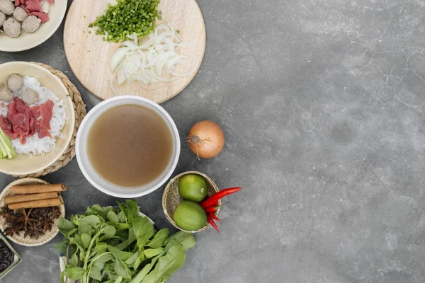 Assorted asian dinner with vietnamese noodle soup pho bo,