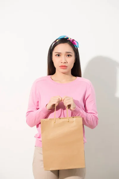 Chica Soñando Con Compras Mujer Elegante Sonriente Vestido Rosa Con — Foto de Stock