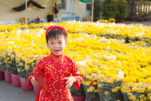 一个亚洲男孩在传统节日服装的肖像 可爱的越南小男孩在奥代礼服微笑 去度假 农历新年越南 — 图库照片