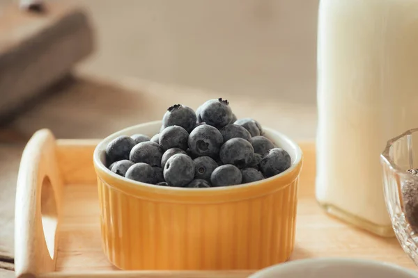 Healthy Vegan Breakfast Bottled Milk Chia Almond Fresh Fruit Berries — Stock Photo, Image