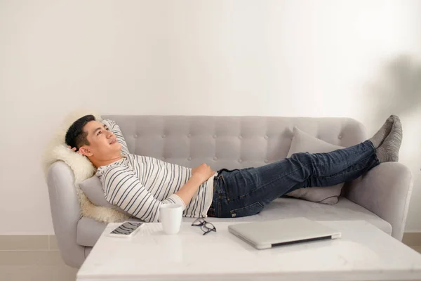 Asian Guy Daydreaming Rest Home Asian Man Relaxed Sleep Sofa — Stock Photo, Image