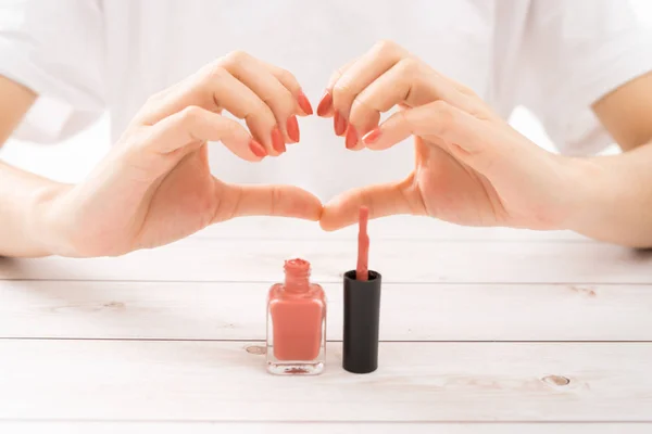 Beautiful Women Hands Perfect Red Nails Doing Heart — Stock Photo, Image