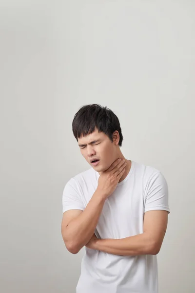 Homem Tem Uma Dor Terrível Garganta Por Causa Gripe Ele — Fotografia de Stock