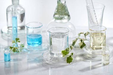 laboratuvar cam ekipman beyaz arka plan üzerinde doğal maddeler ile