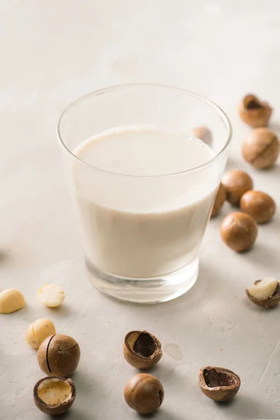 Superfood Organický Makadamovými Ořechy Sklenice Mléka Makadamie Kamenné Pozadí — Stock fotografie