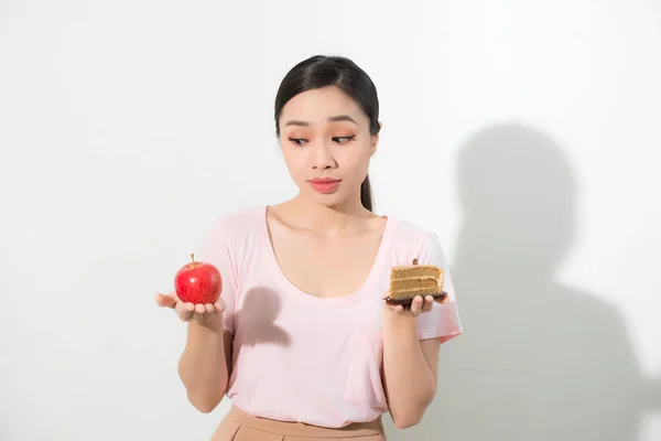 Woman Holds Hand Cake Sweet Apple Fruit Choosing Trying Resist — Stock Photo, Image