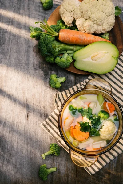Assorted vegetables in glass pot on a napkin close up — Stock Image Assorted Vegetables Glass Pot Napkin Close Stock Picture