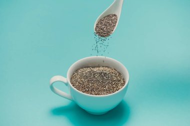 Fincan sağlıklı chia tohum ve kaşık. Metin alanı.