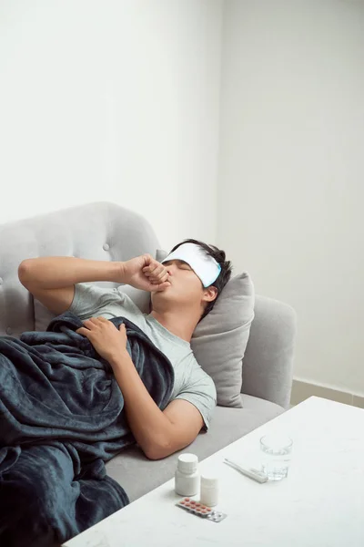 Man Feeling Bad Lying Couch Coughing — Stock Photo, Image