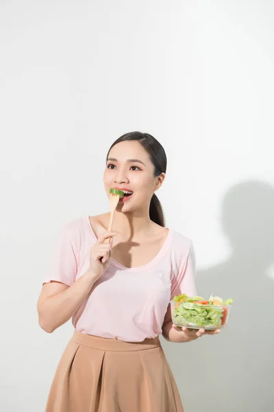 Feliz Joven Asiática Mujer Con Verduras Frescas Fruta Fresca Concepto —  Fotos de Stock