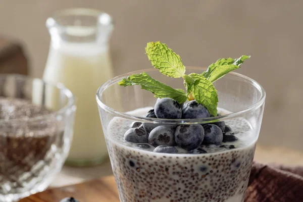 Chia Puding Taze Meyveleri Badem Sütü Superfood Kavramı Vegan Vejetaryen — Stok fotoğraf