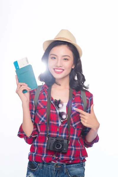Viagem Mulher Jovem Bela Mulher Asiática Viajante Segurando Passaporte Bilhete — Fotografia de Stock