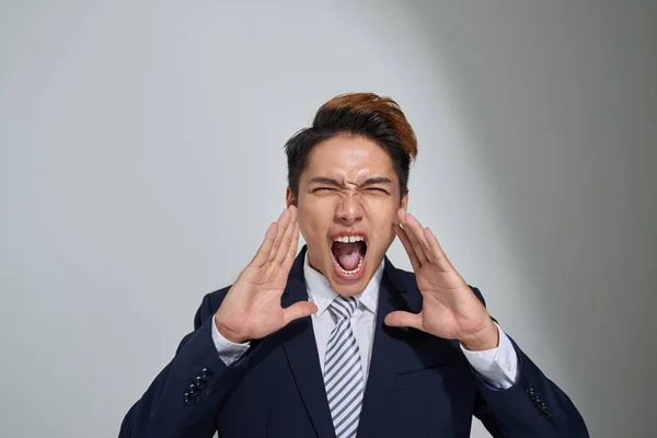 Young Asian Business Man Shouting Hands Cupped His Mouth Isolated — 스톡 사진